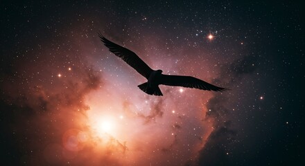 Silhouette of Bird Soaring Before Radiant Cosmic Nebula and Star Field
