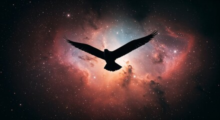 Silhouette of Majestic Bird Soaring Against Galaxy Nebula and Starry Sky

