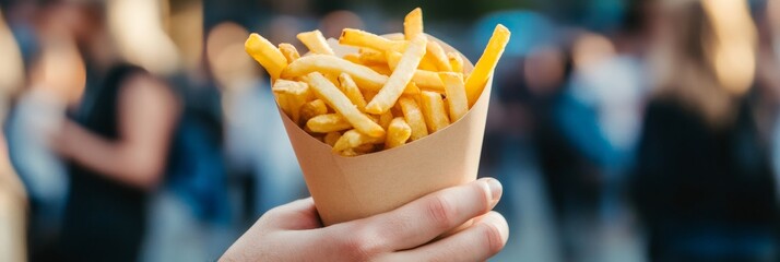Customer enjoying hot chips from food truck at a vibrant summer street food festival, celebrating outdoor eating and urban picnic culture with delicious mobile kitchen treats
