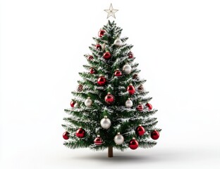 Snow-Dusted Christmas Tree with Red and Silver Ornaments