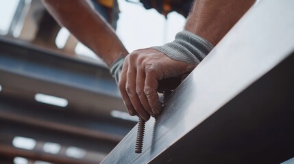 Construction worker tightening bolts on steel structure at a site. Featuring attention to detail and control