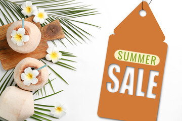 Seasonal discount flyer. Label with words Summer Sale, pineapple, fresh coconuts, flowers and palm...