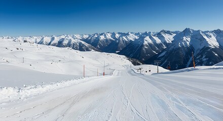 Obraz premium Ski Slope Panorama View with Snow Covered Mountains Against Blue Sky