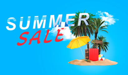 Seasonal discount flyer. Words Summer Sale, pile of sand with beach umbrella, palm trees, suitcases and ball on blue background