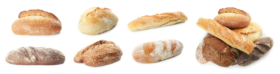 Different types of bread isolated on white, set