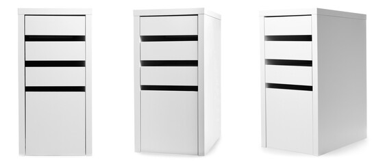 White drawer unit isolated on white, collage. Stylish furniture