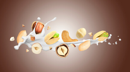 Milk splash with different nuts in air on pale brown background
