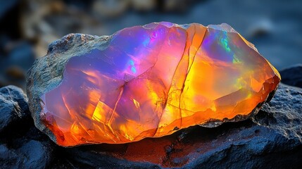 Opal gemstone, vibrant colors, raw, natural.  A captivating piece of rough opal, showcasing a stunning