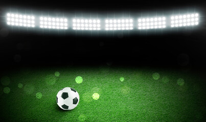 Soccer ball on green grass at football stadium, space for text