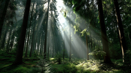 Fototapeta premium A lush forest landscape with natural greenery and soft lighting, perfect for eco-friendly themes or nature backdrops.