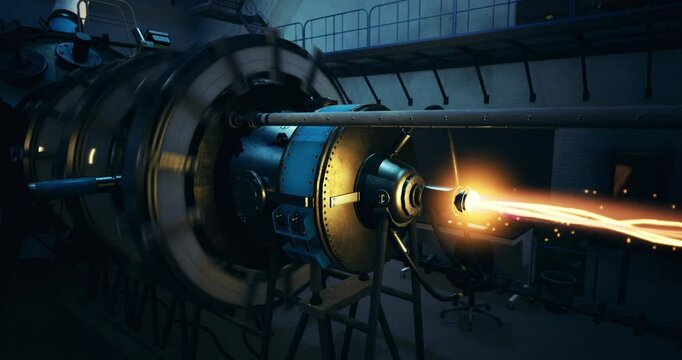 A high tech propulsion engine is being tested in a research lab. Sparks and energy emanate from the engines nozzle as scientists observe the performance closely.