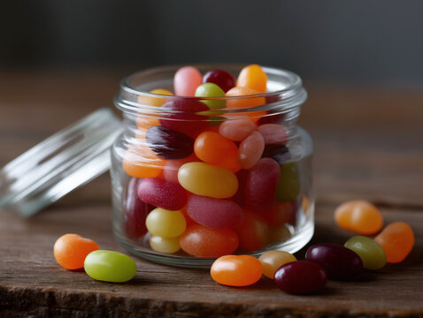 Colorful jelly beans in a glass jar on wooden table