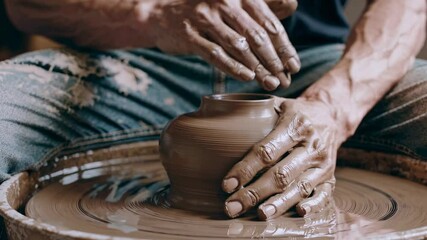 Close view of skilled hands shaping wet clay on pottery wheel captures authentic artisan craftsmanship and creative process in traditional workshop setting