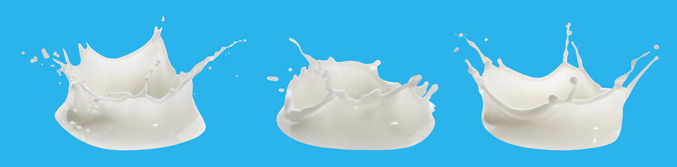 Fresh milk splashing on light blue background, set