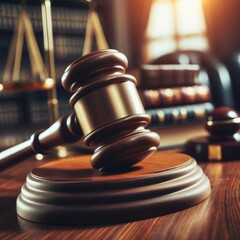 Judge Courtroom Gavel on Table during a Process - Judge holding the Gavel making Judgement - On a Table with the scales of Justice - Process and Final Verdict - Guilty or Not Guilty
