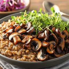 Fototapeta premium Delicious Mushroom Farro Risotto with Microgreens Gourmet Dish
