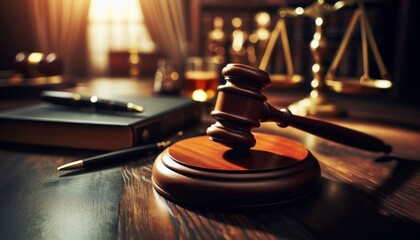 Obraz premium Judge Courtroom Gavel on Table during a Process - Judge holding the Gavel making Judgement - On a Table with the scales of Justice - Process and Final Verdict - Guilty or Not Guilty 
