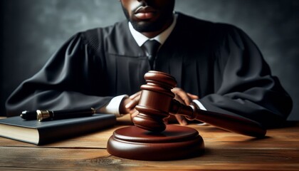 Judge Courtroom Gavel on Table during a Process - Judge holding the Gavel making Judgement - On a Table with the scales of Justice - Process and Final Verdict - Guilty or Not Guilty
