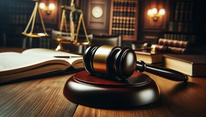 Judge Courtroom Gavel on Table during a Process - Judge holding the Gavel making Judgement - On a Table with the scales of Justice - Process and Final Verdict - Guilty or Not Guilty
