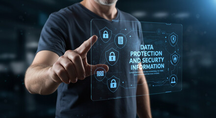 Secure Data Man interacts with digital data protection and security information system interface