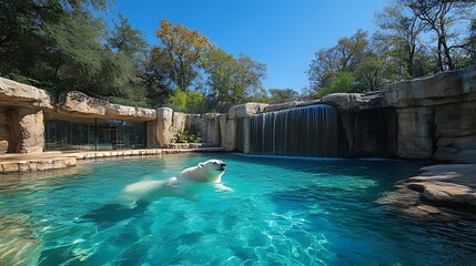 Polar bear swimming zoo waterfall habitat