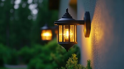 Outdoor wall sconces illuminate a garden at dusk