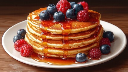 Stack of pancakes with blueberries, raspberries, and syrup on a plate, delicious breakfast food for dessert