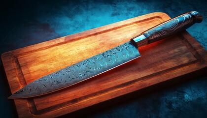 Damascus Chef Knife: Elegant Wood Board, Artistic Detail