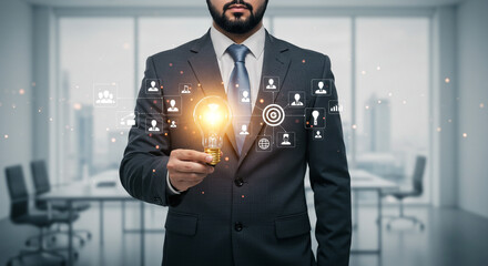 Businessman unveils innovative idea glowing lightbulb symbolizes bright future modern office