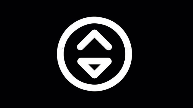 Icon sort circle down is distorted. Glitch. Noise, chromatic aberration, geometric distortion. Transparent background, looped. In-Out looped. Alpha BW at the end