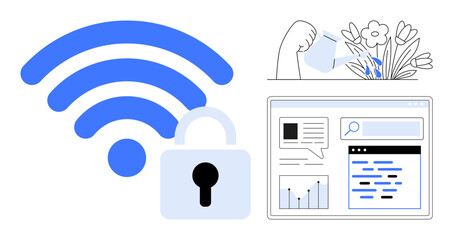 wireless signal with lock, data panel featuring analytics and search, watering flowers as growth metaphor. Ideal for cybersecurity, digital growth, data protection, analytics, sustainability, online
