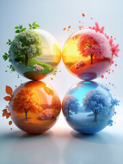 Colorful glass spheres exhibit seasonal landscapes with vibrant trees and flowers