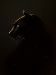 Majestic black cat silhouette gazes into the distance with a piercing gaze against a dark backdrop