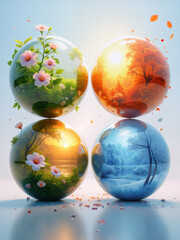 Four spheres illustrating the beauty of nature across different seasons with vibrant colors and floral elements