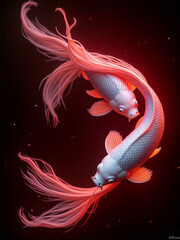 Koi fish swimming gracefully in a vibrant underwater space with flowing tails illuminated by soft red light