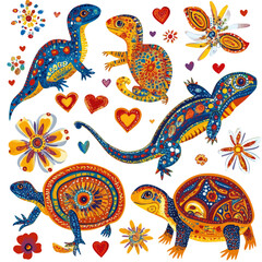 Obraz premium Modern illustration of reptiles, including a lizard, chameleon, and sea turtle, set against an Aztec tribal pattern on a white background