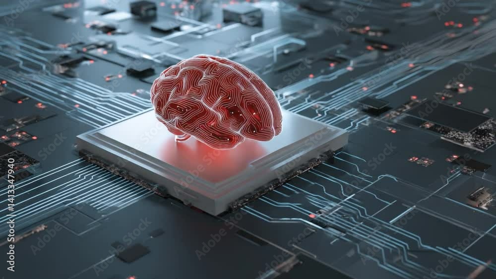 Poster digital brain integration: a captivating view showcases a digital representation of a brain atop a t