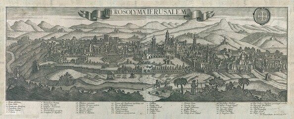 Antique engraving presenting a detailed panoramic view of Jerusalem, featuring intricate city walls, diverse architecture, and a scenic landscape