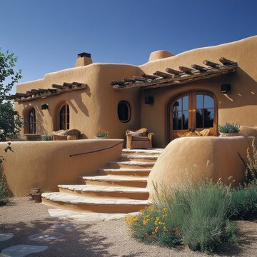 Pueblo Revival exterior using adobe walls, rounded edges, and vigas supporting flat roofs over earthy terraces.  