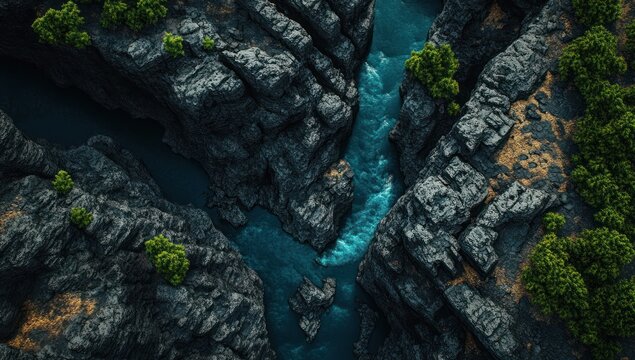 River flows through rocky canyon with green foliage on the sides aerial view.