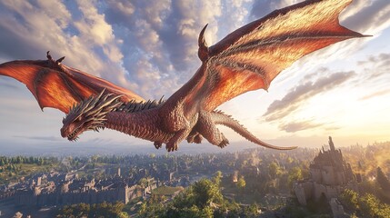 Naklejka premium Majestic Red Dragon Soaring Over Ancient City Fantasy Artwork Digital Painting Epic Creature Mythological Beast Powerful Wings Flying High Above 