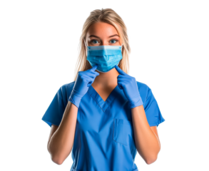 Health professional wearing blue scrubs and gloves, PNG