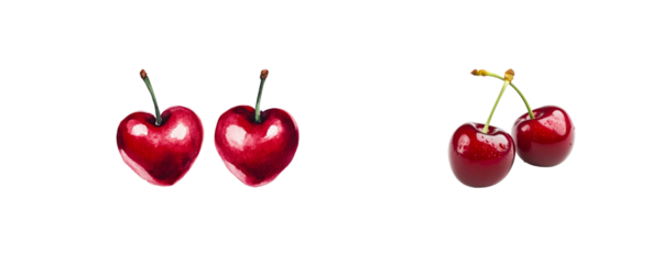 Heart shaped cherries with a glossy finish on transparent background