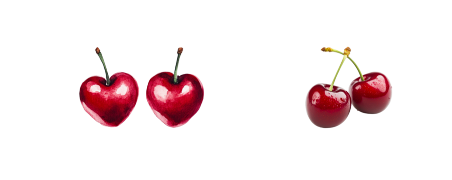 Heart shaped cherries with a glossy finish on transparent background