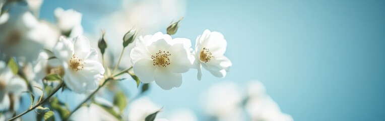 Obraz premium White flowers on a branch against a light blue background out of focus.