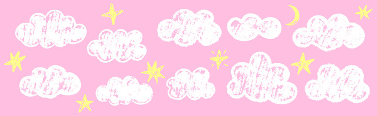 Crayon cloud texture with sky, star and lightning. Crayon kid design.chalk texture. Vector illustration	