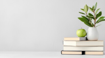 Simple still life green apple books and greenery minimalist home decor photography