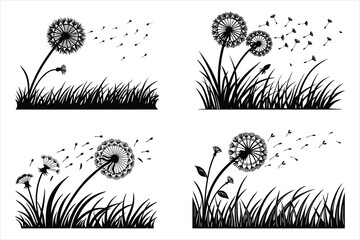 Spring silhouette of a dandelion with seeds flying in the wind