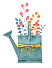 Herbs in a turquoise watering can. Watercolor illustration, postcard, poster.