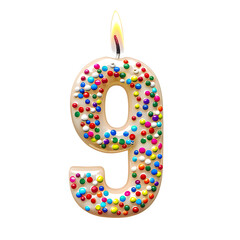 Glossy number "9" birthday candle with colorful sprinkles embedded in wax, warm glowing flame, melted wax realism, isolated on white background